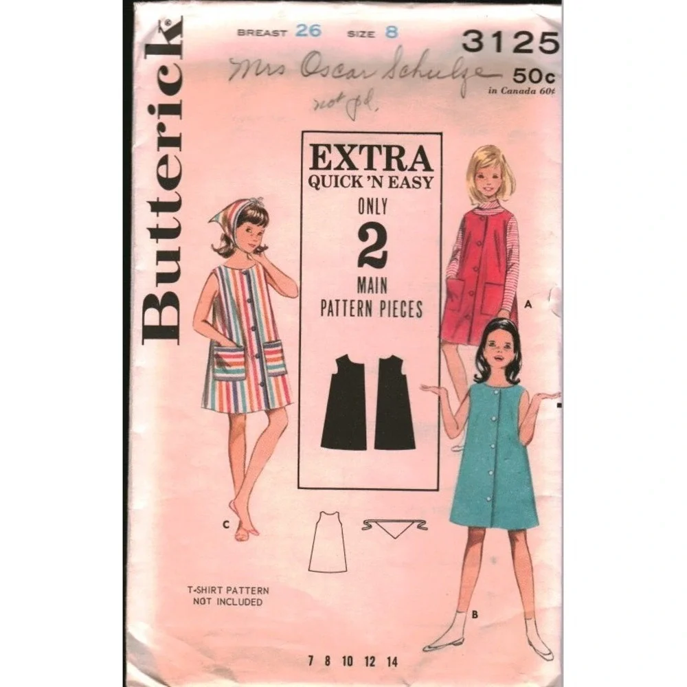 Vintage Butterick 3125 Girls A-Line Dress Beachdress Scarf Pattern 8 Breast 26
